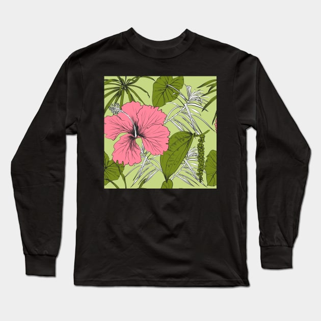 Tropical exotic flowers and leaves Long Sleeve T-Shirt by Olga Berlet